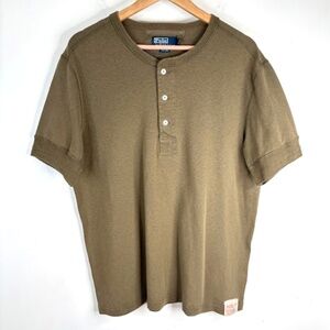 VTG Polo Ralph Lauren Short Sleeve Henley XL Rubgy Old Money Preppy Olive Green